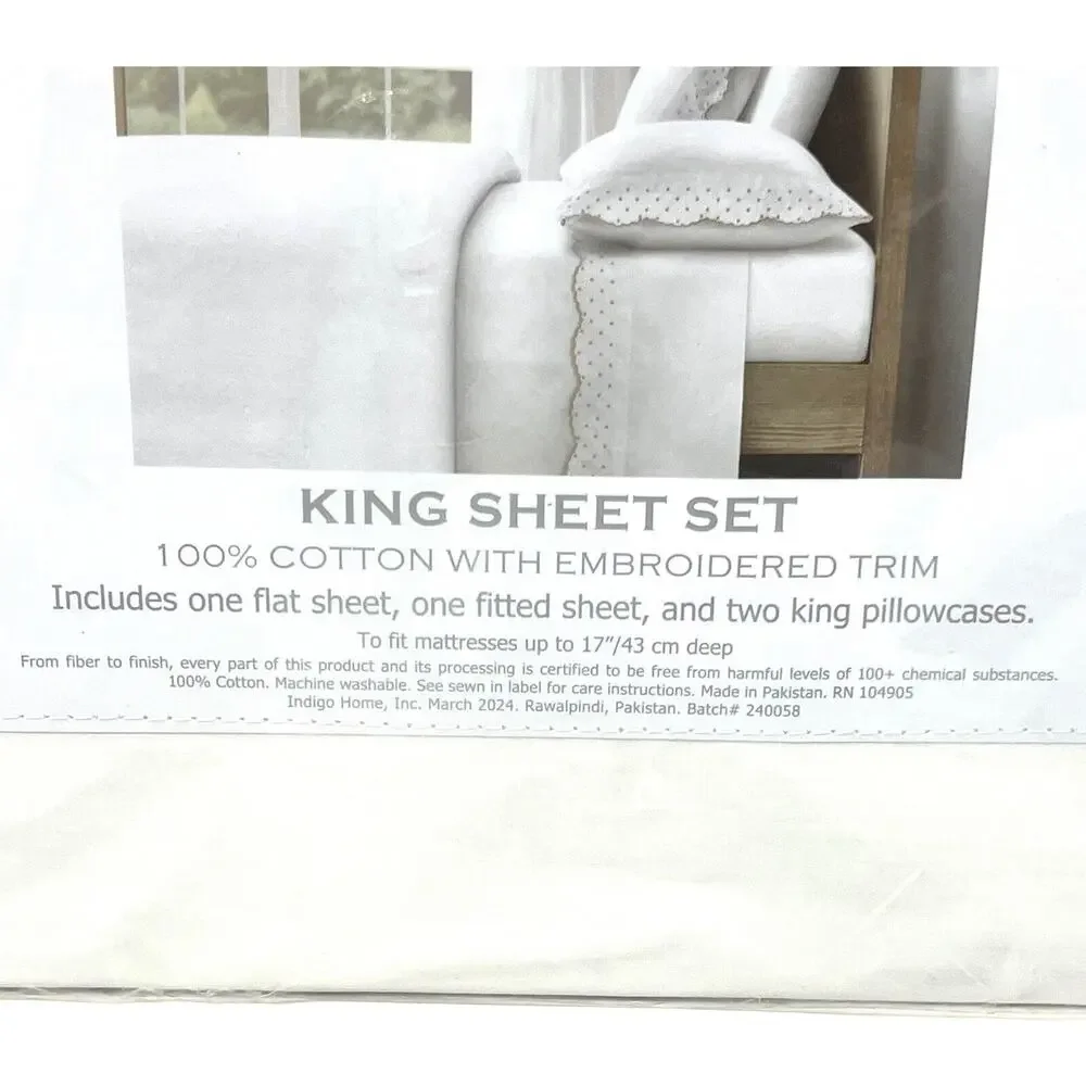 Shabby Chic Embroidered Cotton King Sheet Set Scallop Dot Natural Tan Beige Wht